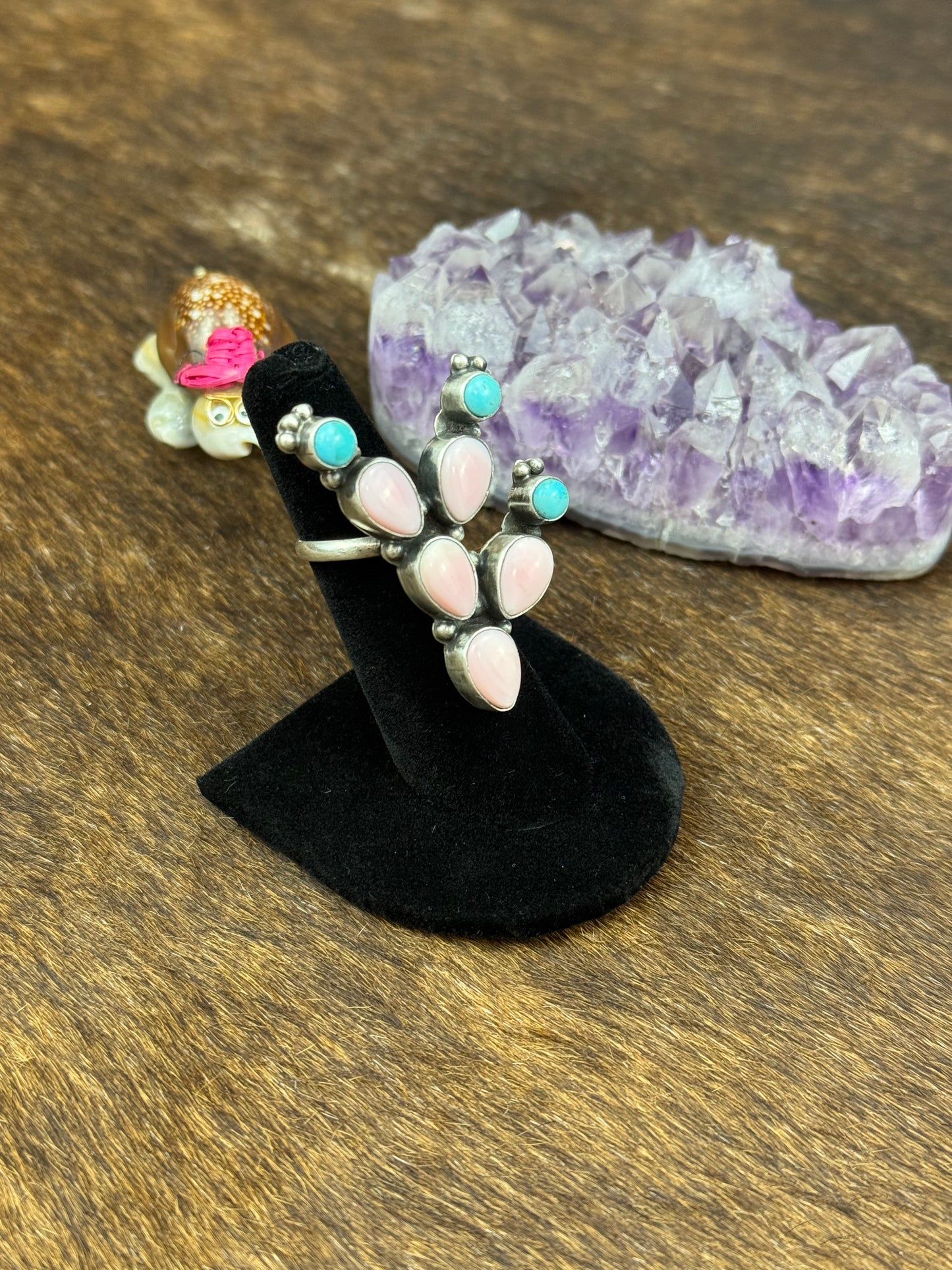 Pink Conch and Kingman Turquoise Cactus Ring