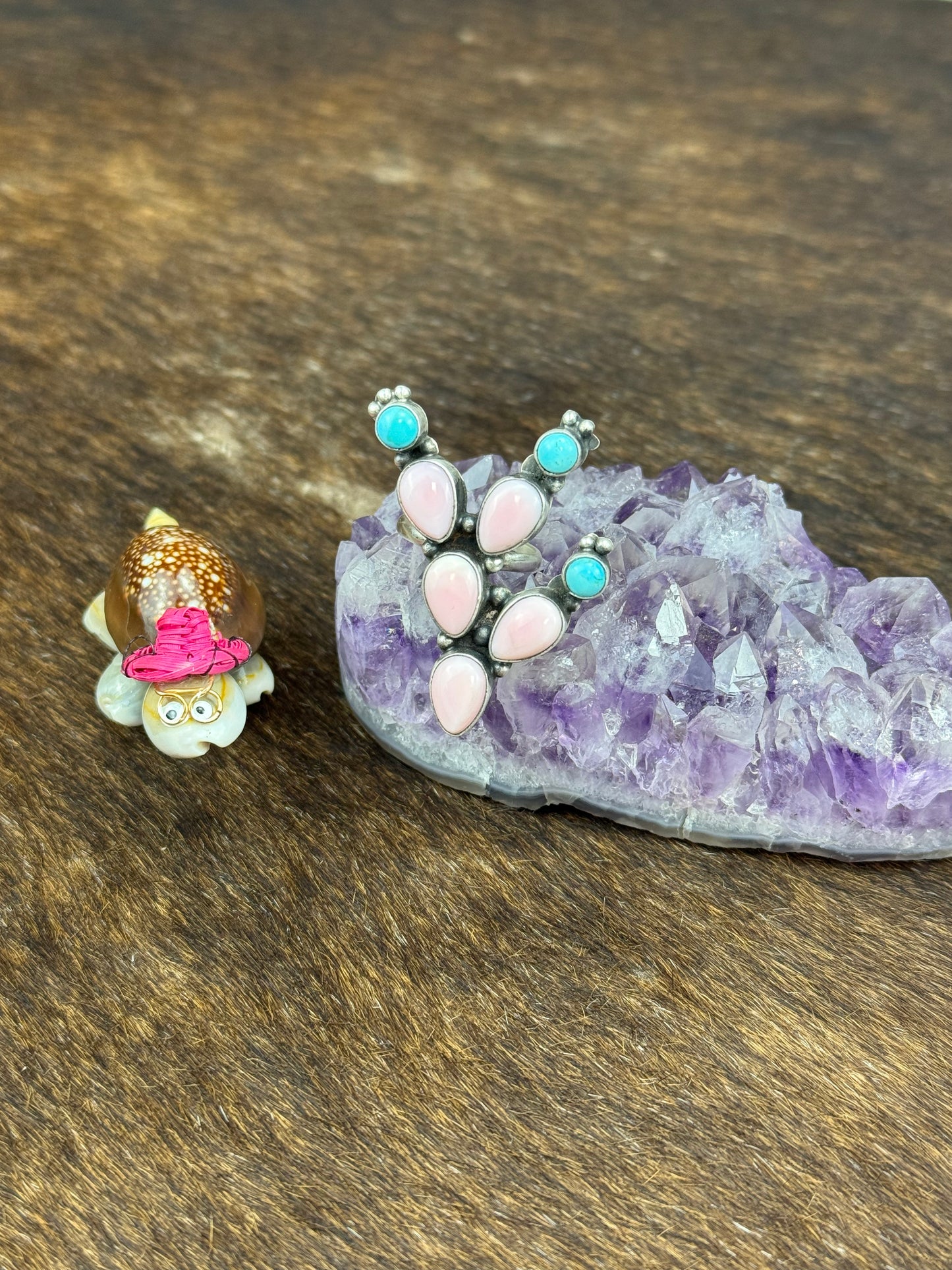 Pink Conch and Kingman Turquoise Cactus Ring