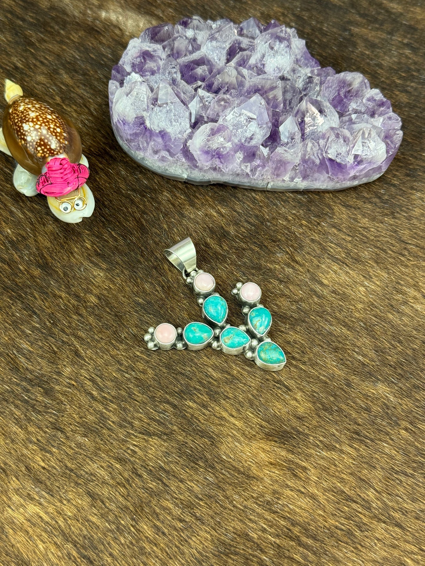 Kingman Turquoise and Pink Conch Pendant