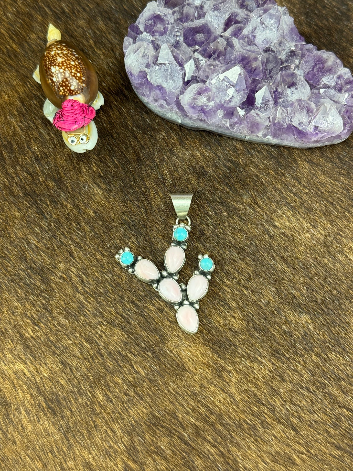 Pink Conch and Kingman Turquoise Pendant