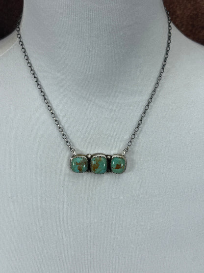 Kingman Turquoise 3 Stone Bar Necklace