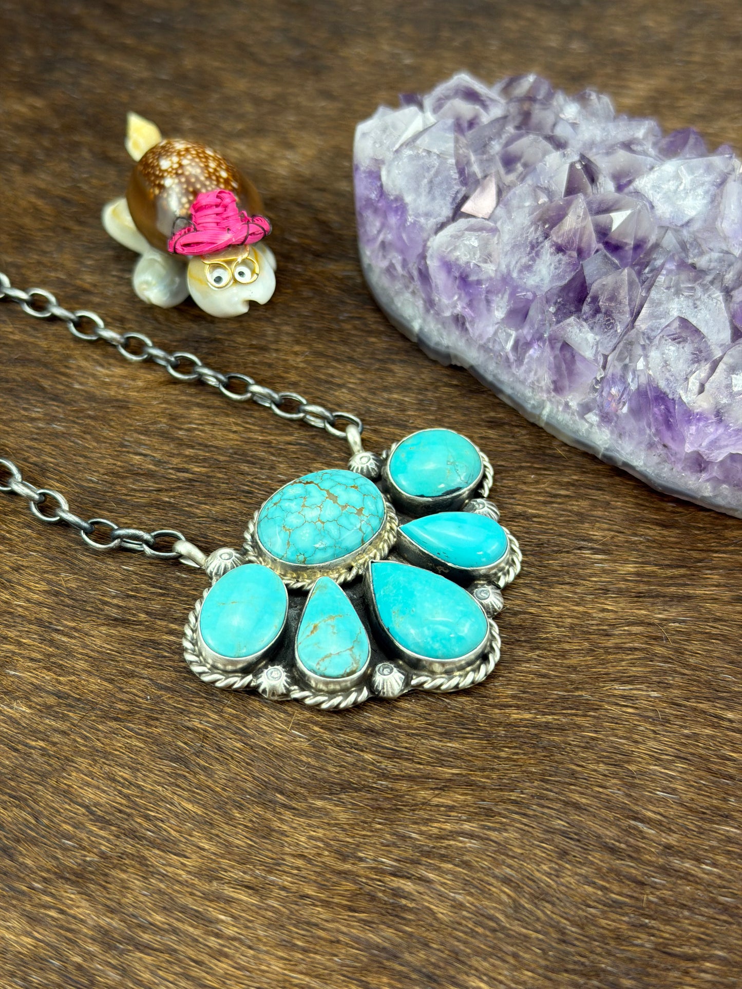 Kingman Turquoise Half Cluster Fixed Pendant Necklace