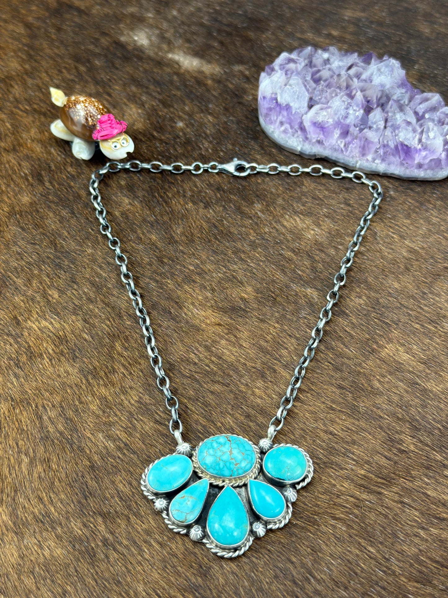 Kingman Turquoise Half Cluster Fixed Pendant Necklace