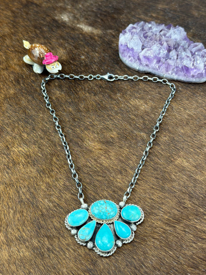 Kingman Turquoise Half Cluster Fixed Pendant Necklace