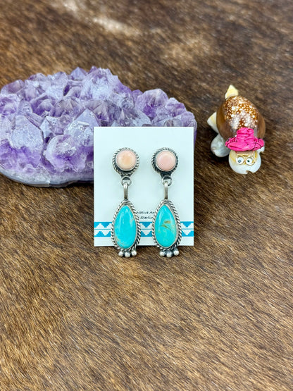 Pink Conch and Kingman Turquoise Sterling Silver 2 Stone Dangle Earring