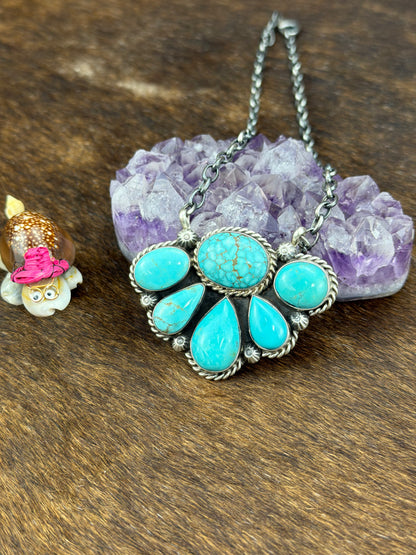 Kingman Turquoise Half Cluster Fixed Pendant Necklace