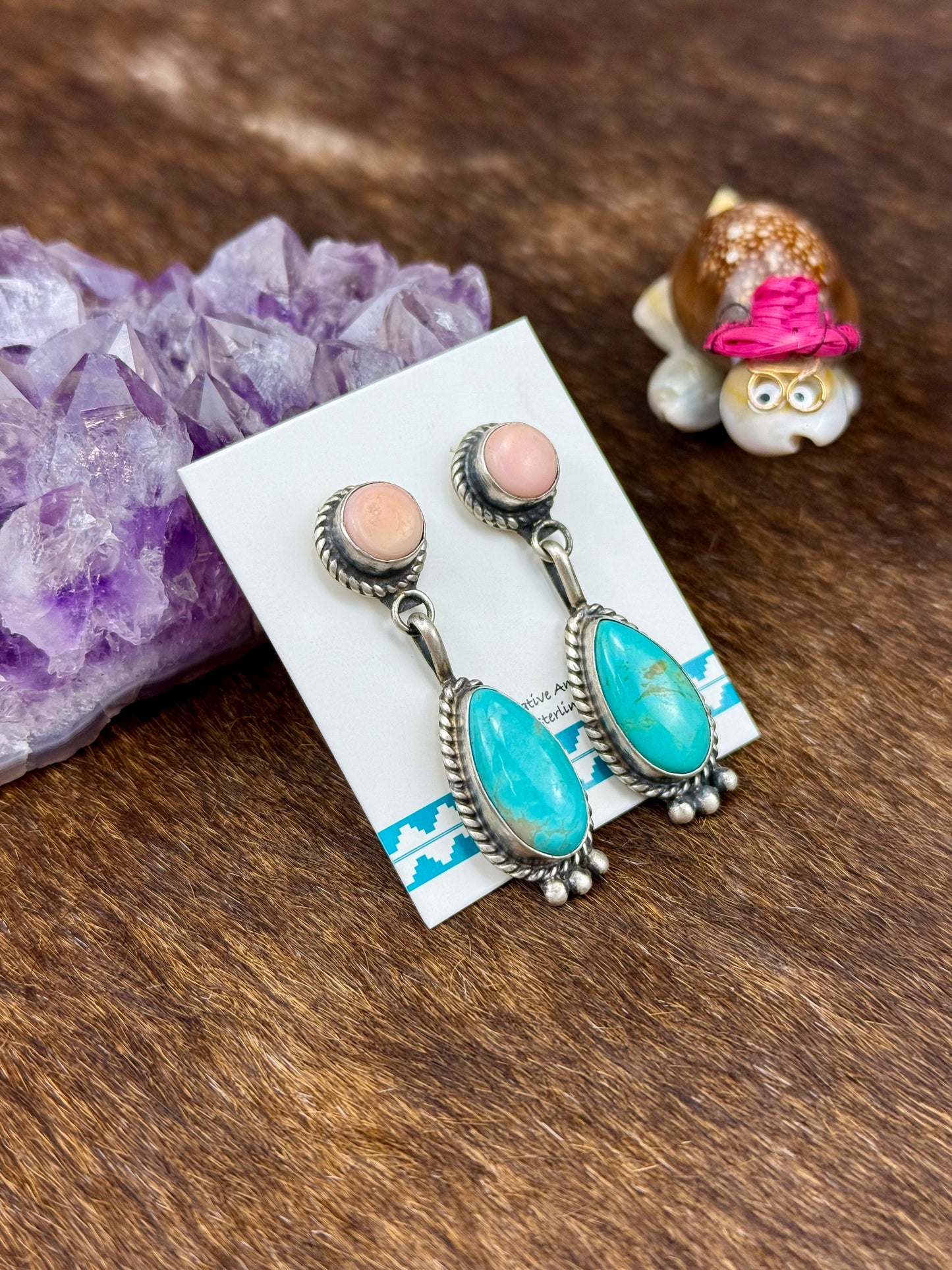 Pink Conch and Kingman Turquoise Sterling Silver 2 Stone Dangle Earring