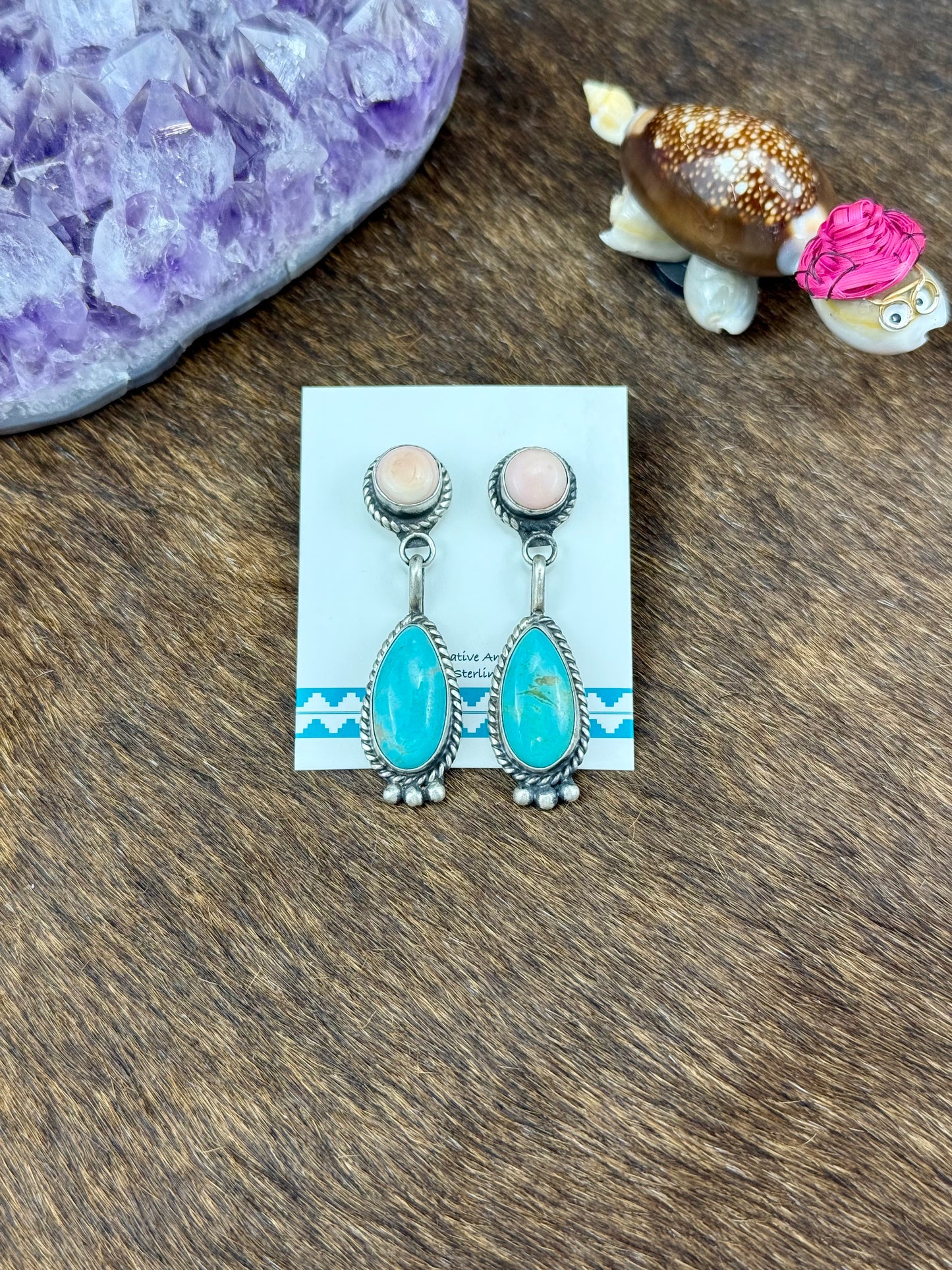 Pink Conch and Kingman Turquoise Sterling Silver 2 Stone Dangle Earring