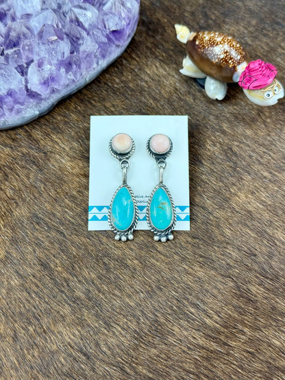 Pink Conch and Kingman Turquoise Sterling Silver 2 Stone Dangle Earring