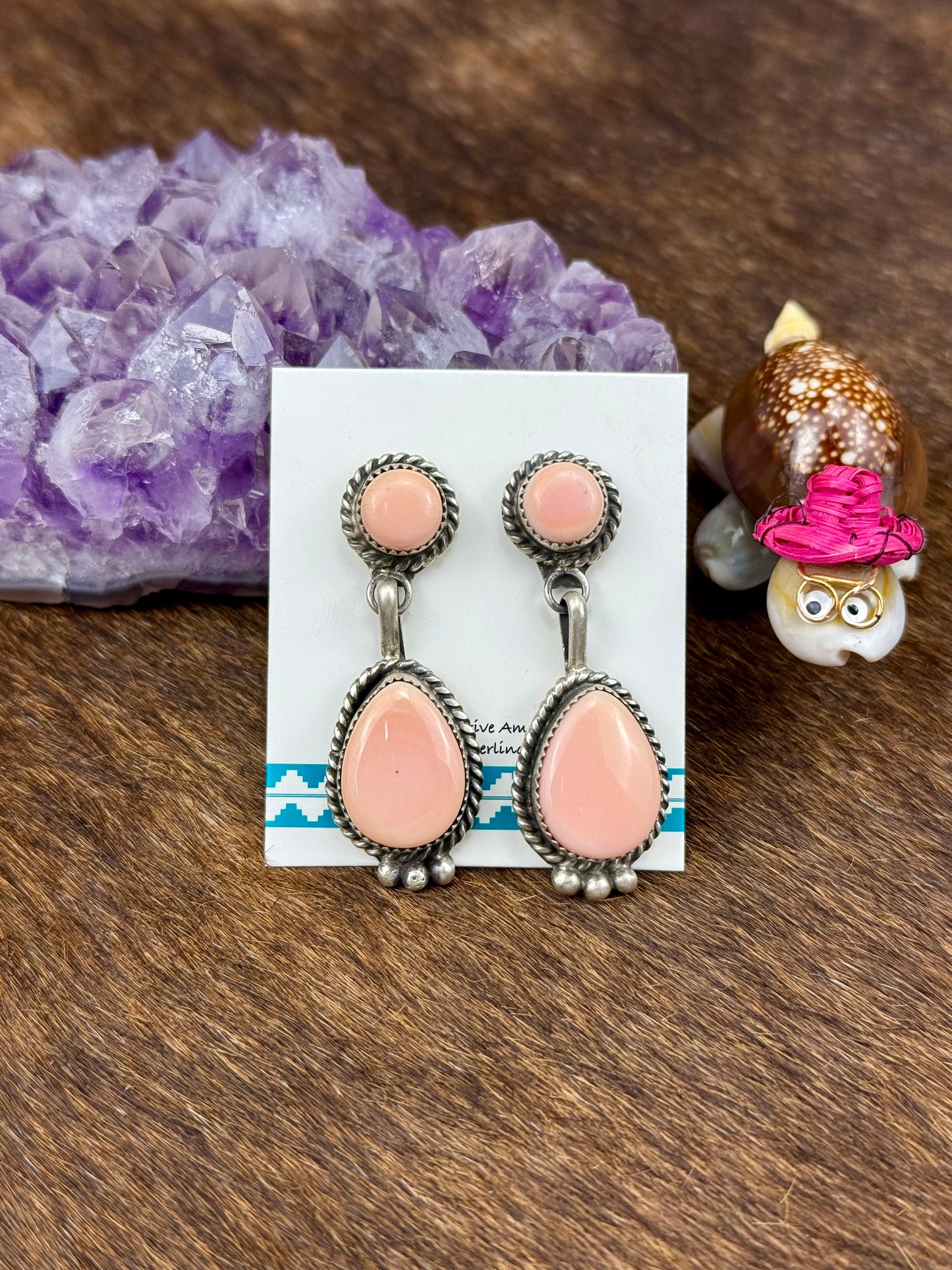 Pink Conch Sterling Silver 2 Stone Dangle Earrings