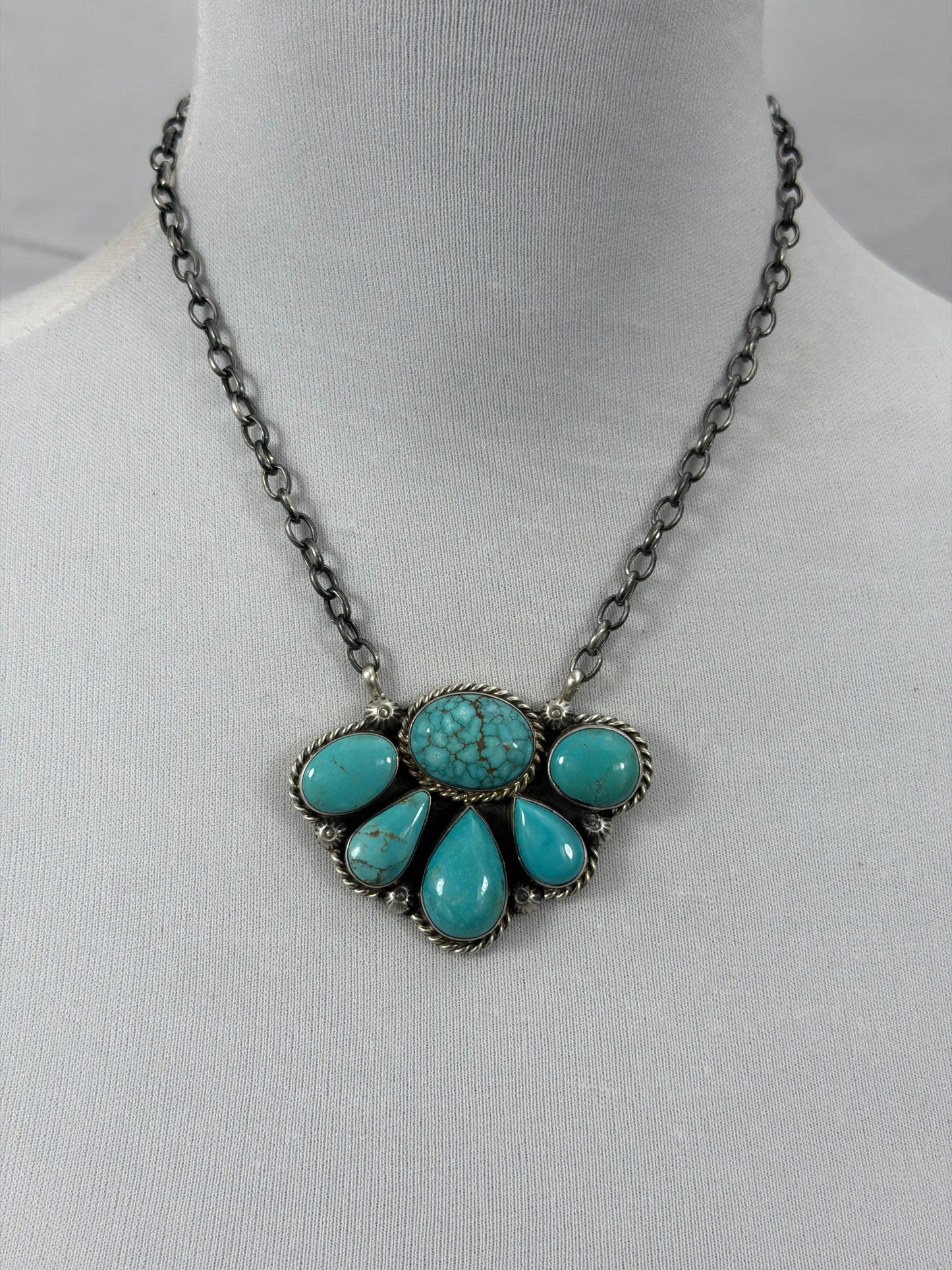 Kingman Turquoise Half Cluster Fixed Pendant Necklace