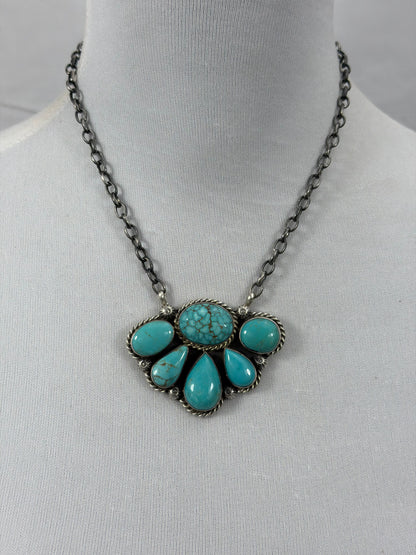 Kingman Turquoise Half Cluster Fixed Pendant Necklace