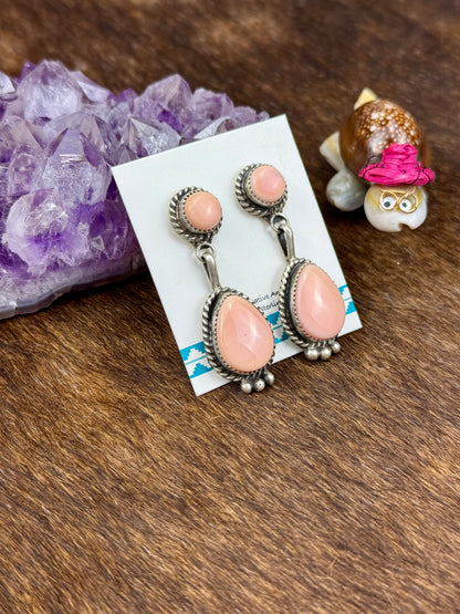 Pink Conch Sterling Silver 2 Stone Dangle Earrings