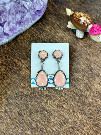 Pink Conch Sterling Silver 2 Stone Dangle Earrings
