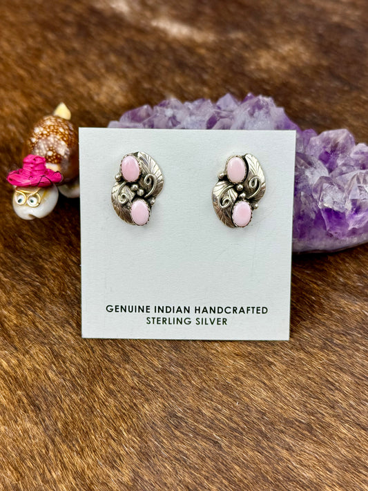 Pink Conch Sterling Silver Two Stone Flower Earrings
