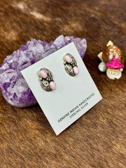 Pink Conch Sterling Silver Two Stone Flower Earrings