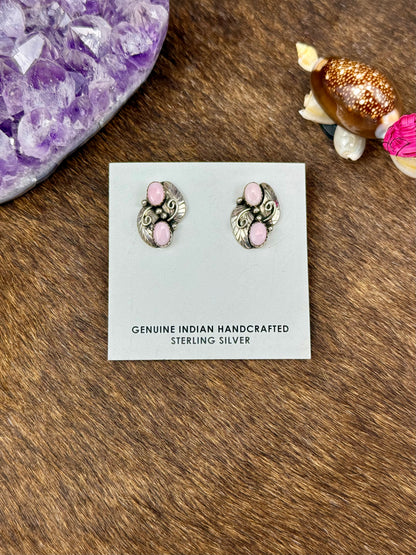 Pink Conch Sterling Silver Two Stone Flower Earrings