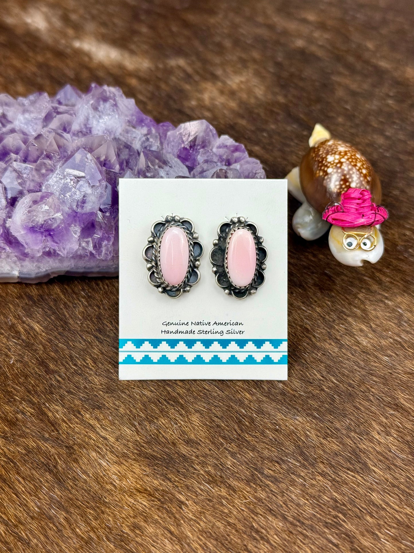 Pink Conch Sterling Silver Single Stone Floral Earrings