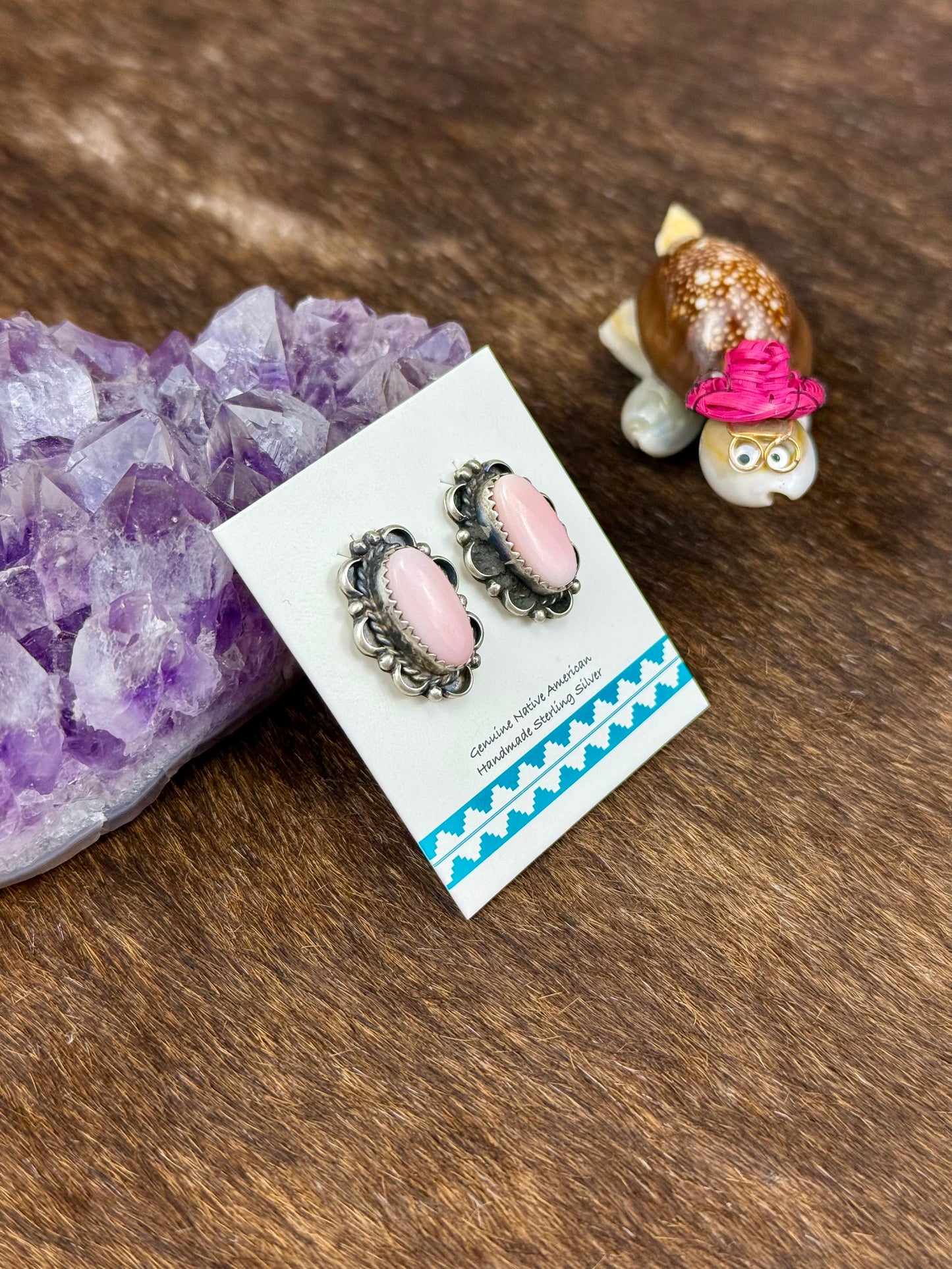 Pink Conch Sterling Silver Single Stone Floral Earrings