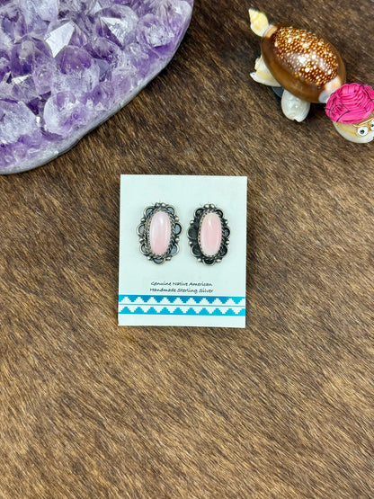 Pink Conch Sterling Silver Single Stone Floral Earrings