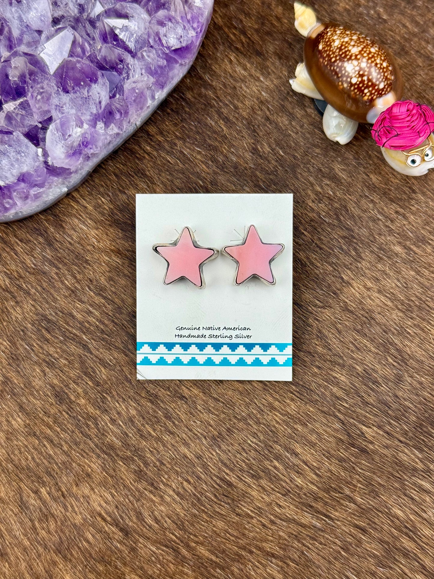 Pink Conch Sterling Silver Star Earrings
