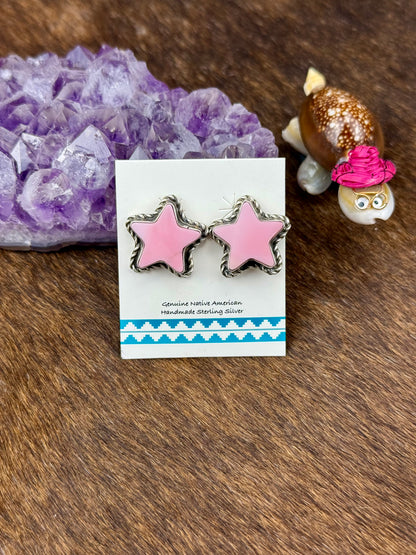 Pink Conch Sterling Silver Star Earrings