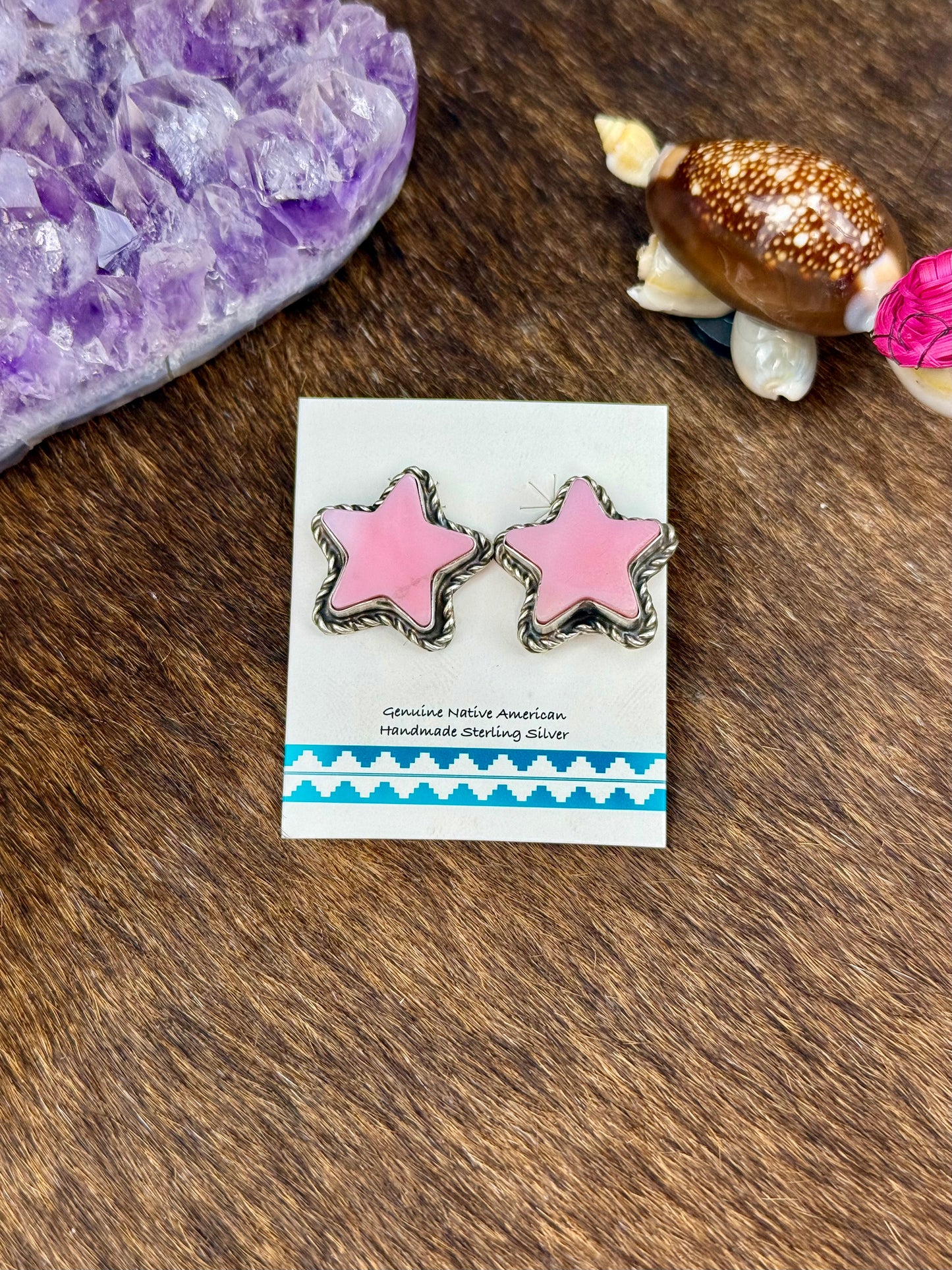 Pink Conch Sterling Silver Star Earrings