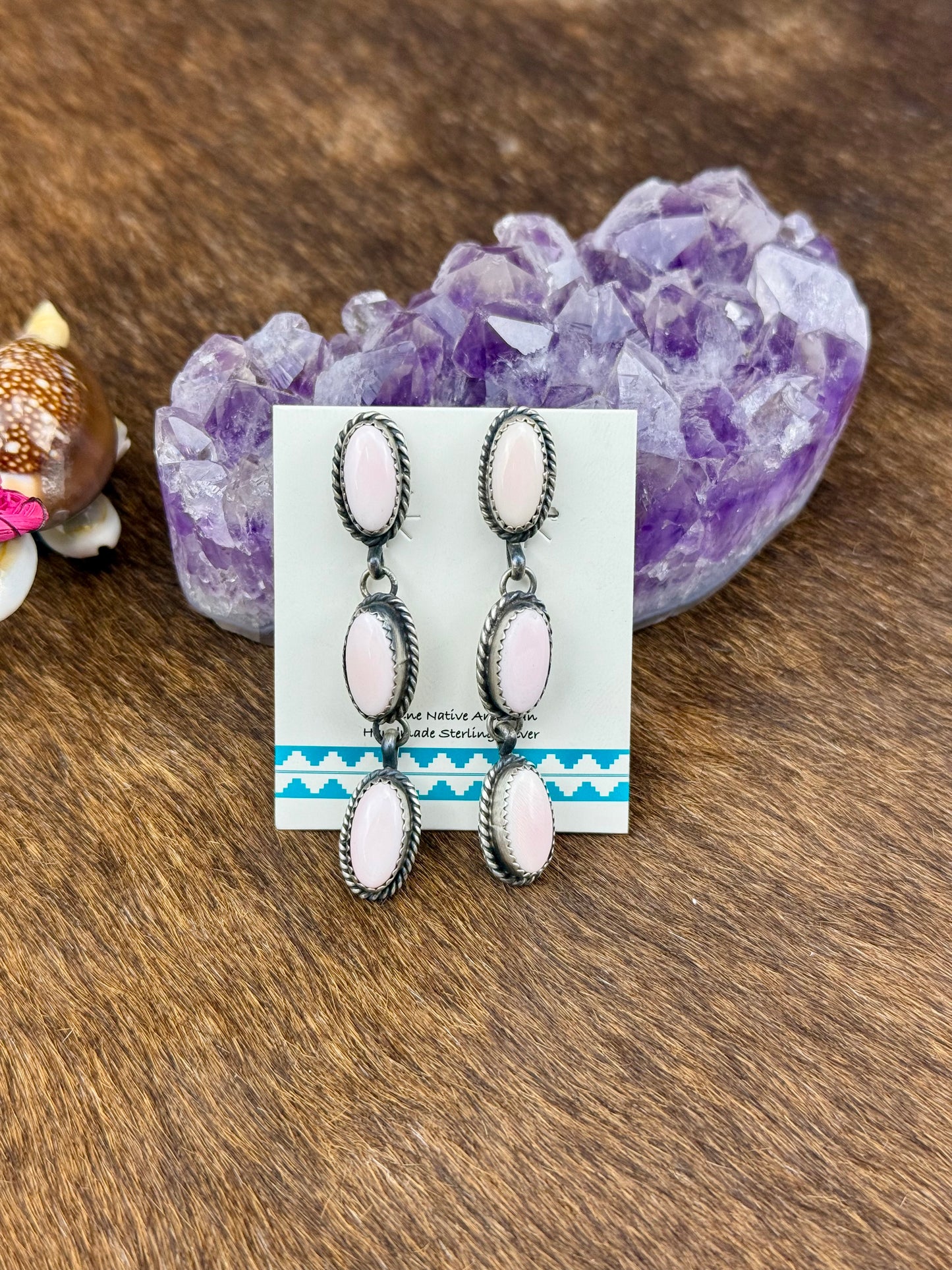 Pink Conch Sterling Silver Three Stone Dangle Earrings