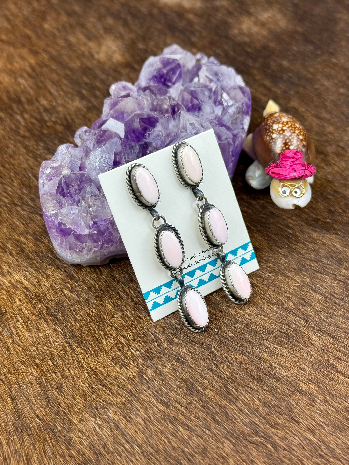 Pink Conch Sterling Silver Three Stone Dangle Earrings