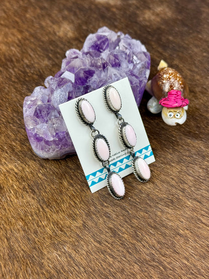 Pink Conch Sterling Silver Three Stone Dangle Earrings