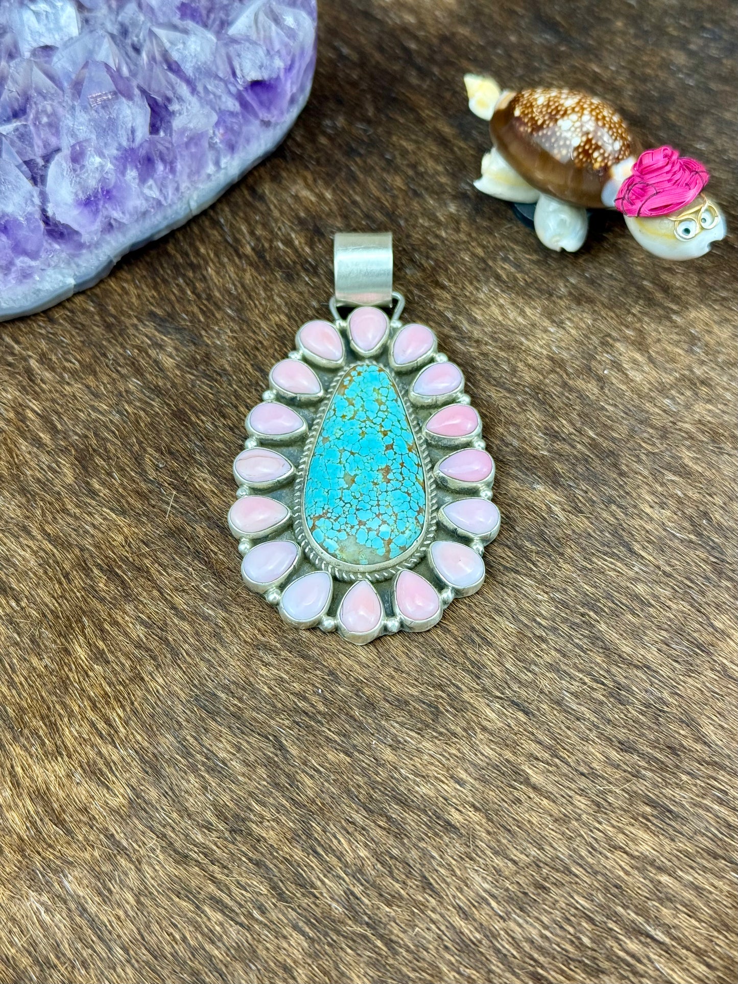 Kingman Turquoise and Pink Conch Sterling Silver Teardrop Pendant