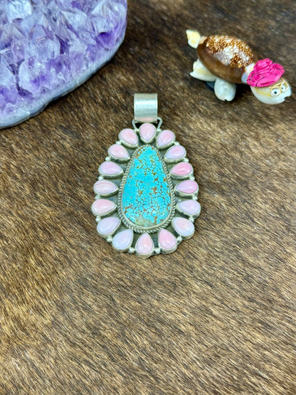 Kingman Turquoise and Pink Conch Sterling Silver Teardrop Pendant