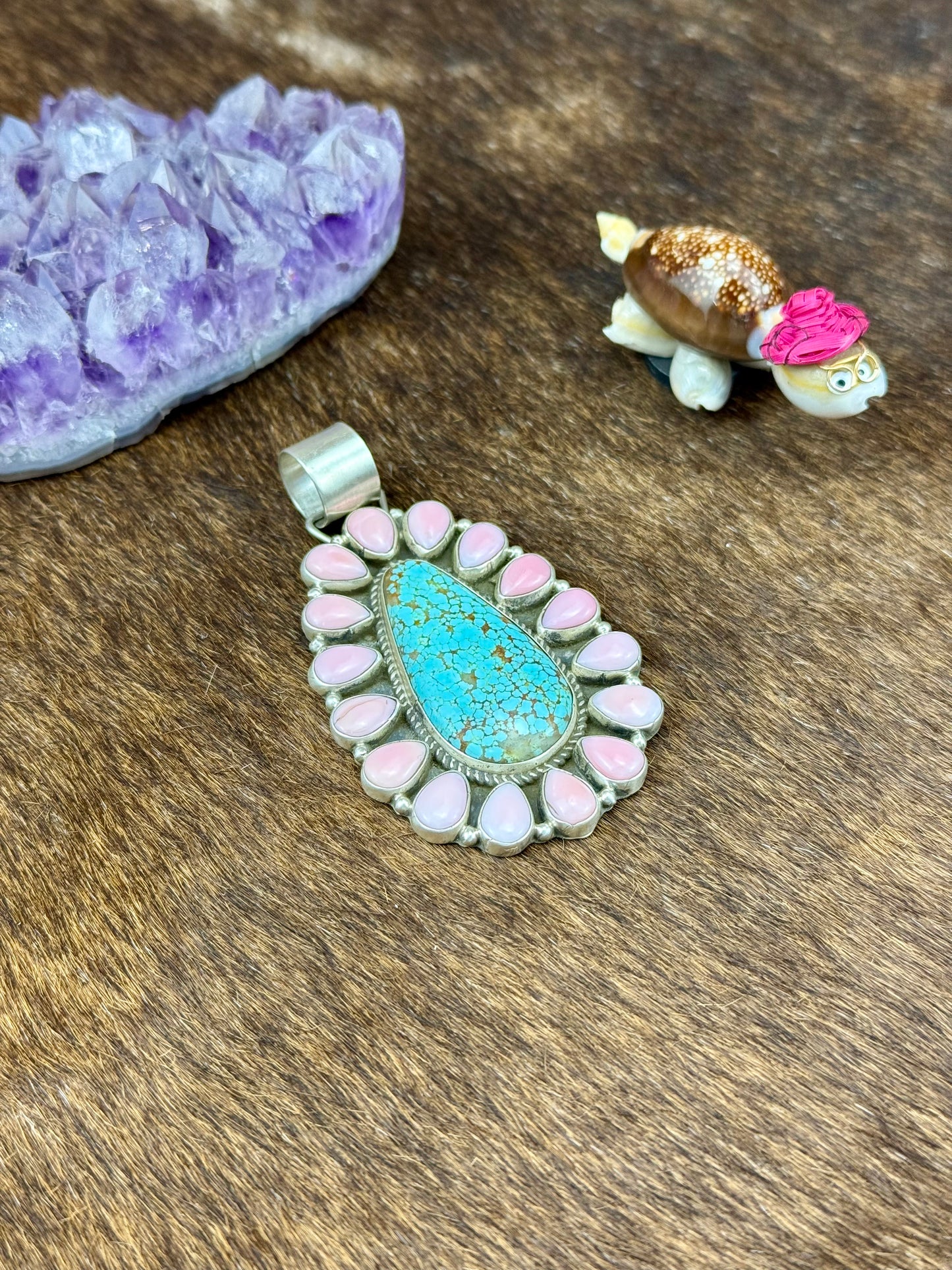 Kingman Turquoise and Pink Conch Sterling Silver Teardrop Pendant