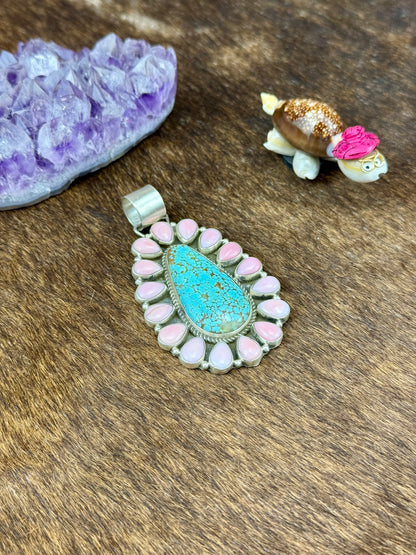 Kingman Turquoise and Pink Conch Sterling Silver Teardrop Pendant