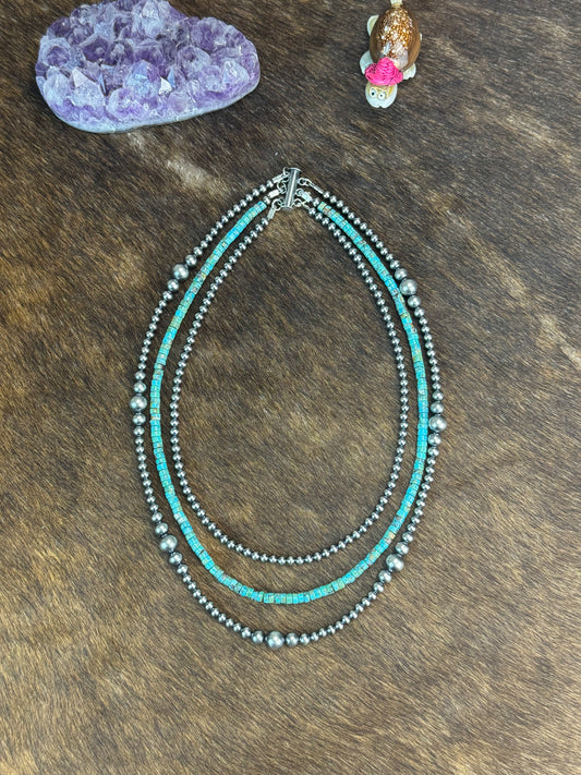 3 Strand Kingman Turquoise Varied Sterling Pearl Necklace
