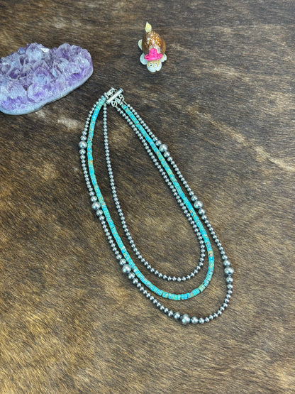 3 Strand Kingman Turquoise Varied Sterling Pearl Necklace