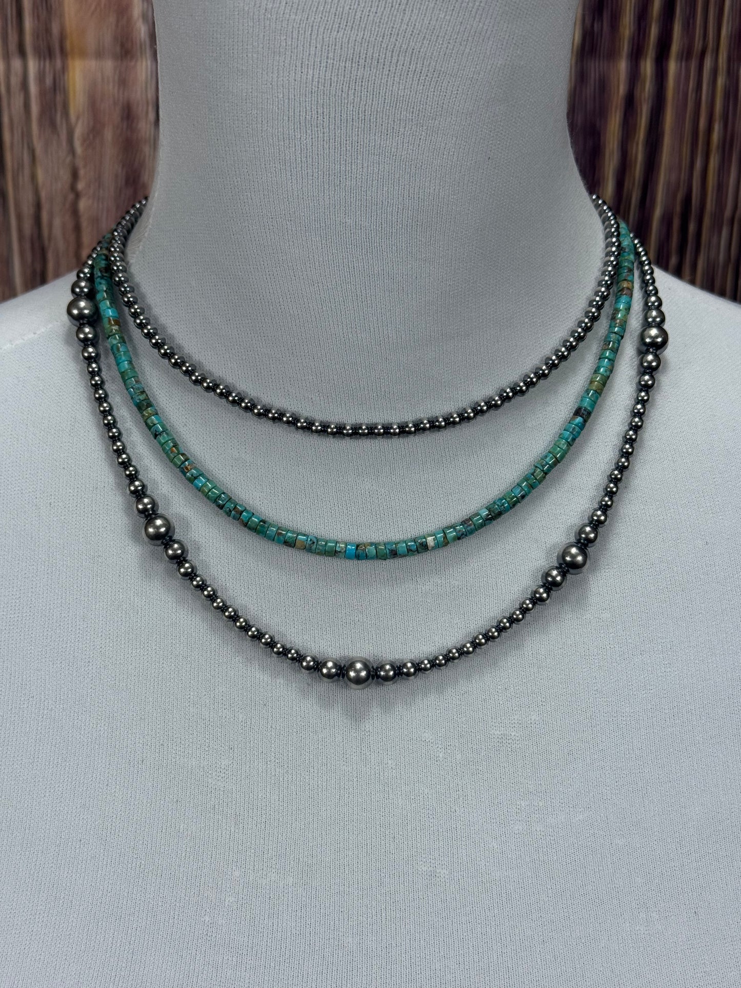 3 Strand Kingman Turquoise Varied Sterling Pearl Necklace