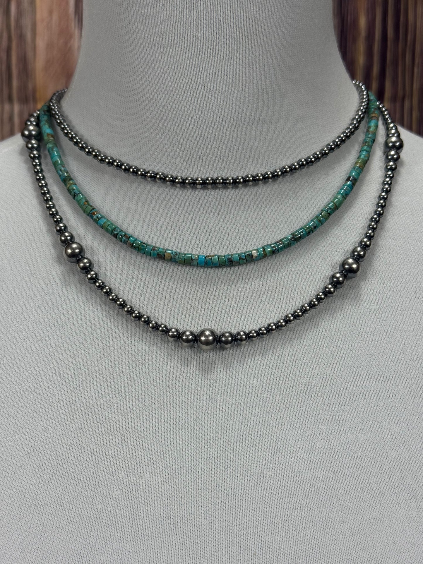 3 Strand Kingman Turquoise Varied Sterling Pearl Necklace