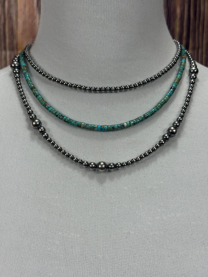 3 Strand Kingman Turquoise Varied Sterling Pearl Necklace