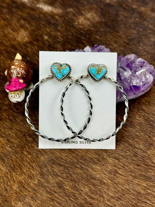 #8 Turquoise Sterling Silver Heart Hoop Earrings