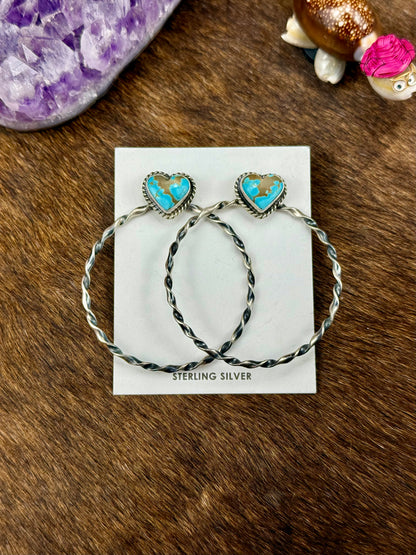 #8 Turquoise Sterling Silver Heart Hoop Earrings