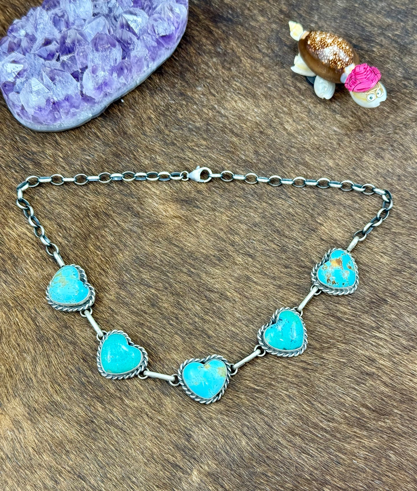 Kingman Turquoise Sterling Silver 5 Stone Heart Choker
