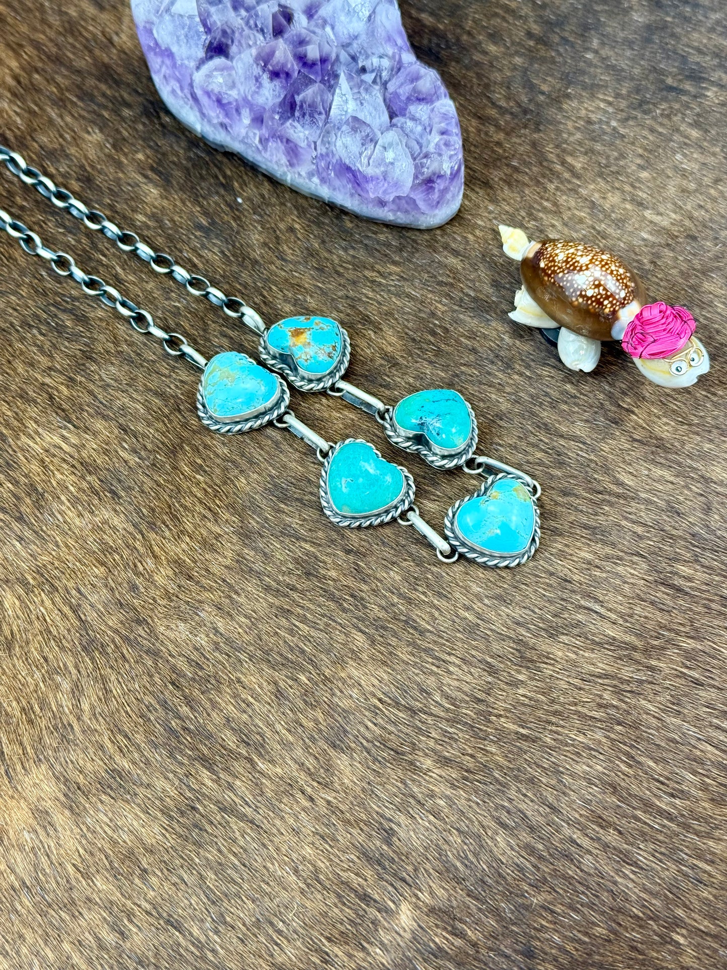 Kingman Turquoise Sterling Silver 5 Stone Heart Choker