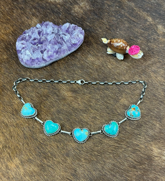 Kingman Turquoise Sterling Silver 5 Stone Heart Choker