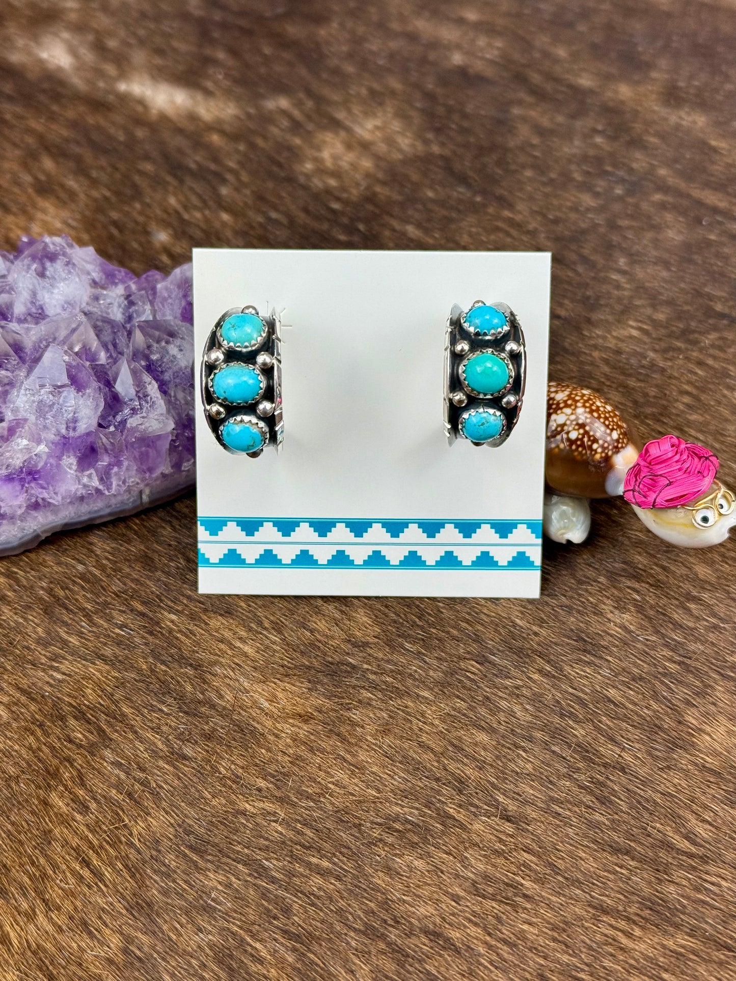 Kingman Turquoise Sterling Silver Three Stone Earrings