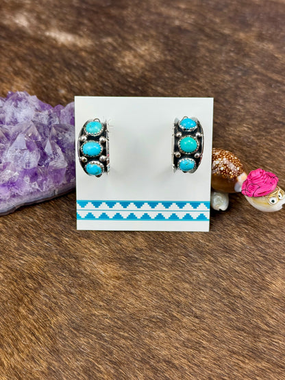 Kingman Turquoise Sterling Silver Three Stone Earrings