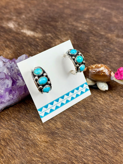 Kingman Turquoise Sterling Silver Three Stone Earrings