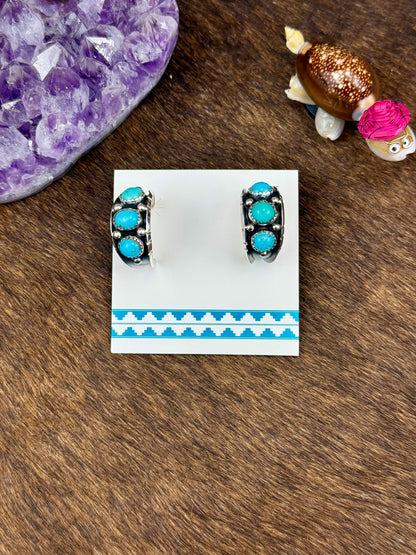 Kingman Turquoise Sterling Silver Three Stone Earrings