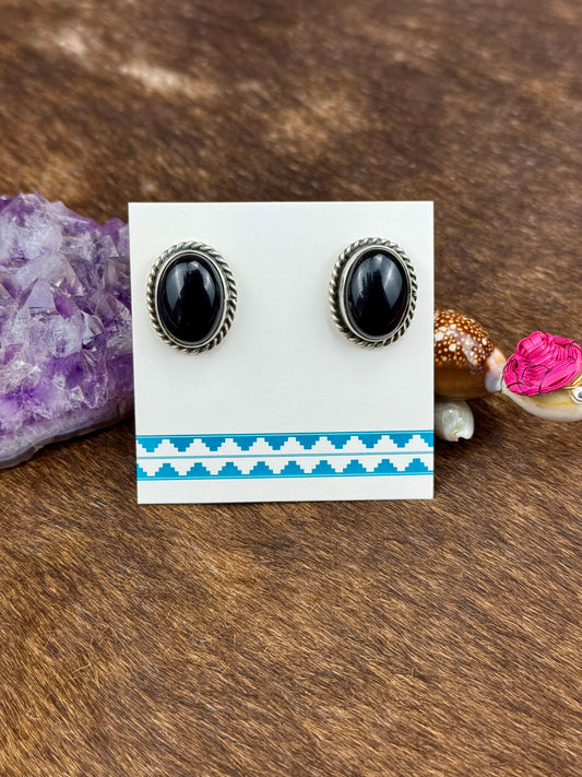 Black Onyx Sterling Silver Single Stone Earrings