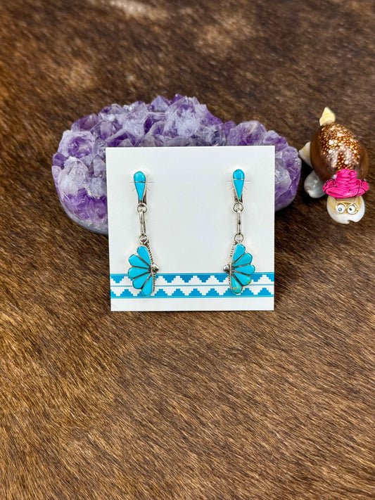 Kingman Turquoise Sterling Silver Half Cluster Dangle Earrings